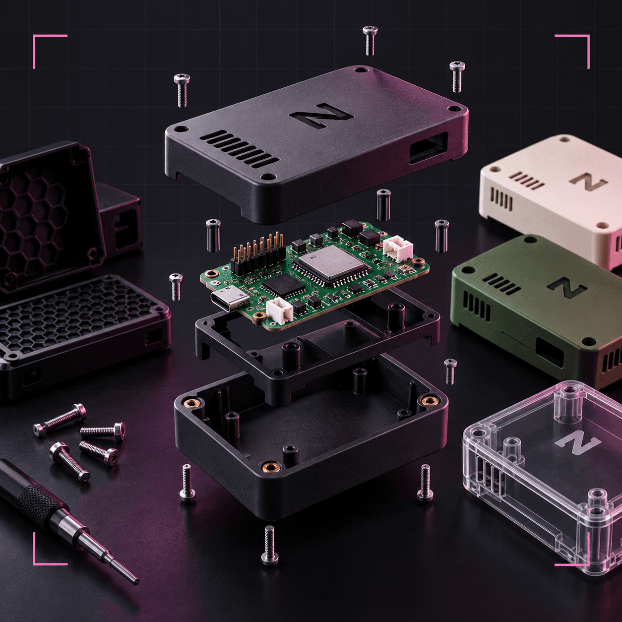 An exploded printed enclosure around a circuit board, with further housings in black, cream, green and clear